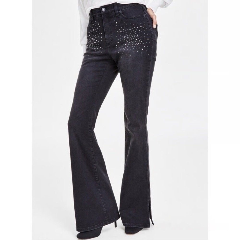 NWOT Women’s INC Denim High-Rise Rhinestone Studded Flare Jeans Plus Size 14